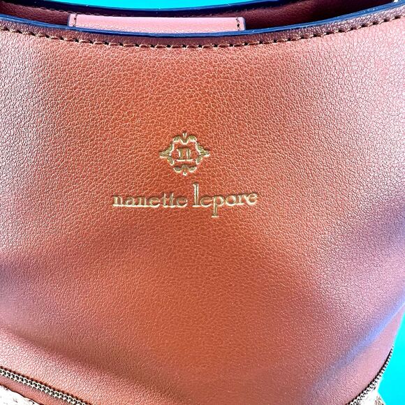 Nanette Lepore Reese Bucket Rattan Bottom Vegan Leather Bag Purse Brown/Tan - Picture 2 of 14